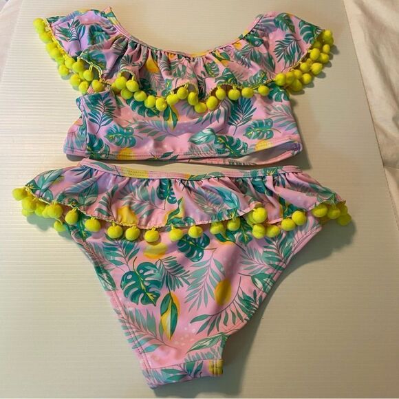 Nicole Miller 2 PC Tropical Pink Green Pom Pom Bikini Swimsuit UPF 50 Girl S 7/8 - Picture 5 of 10